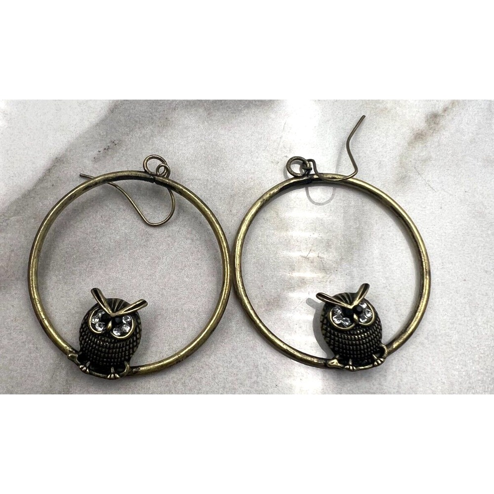 Antique Gold Tone Owl Hoop Earrings Rhinestone Eye Boho Bird Dangle Drop 2 Inch